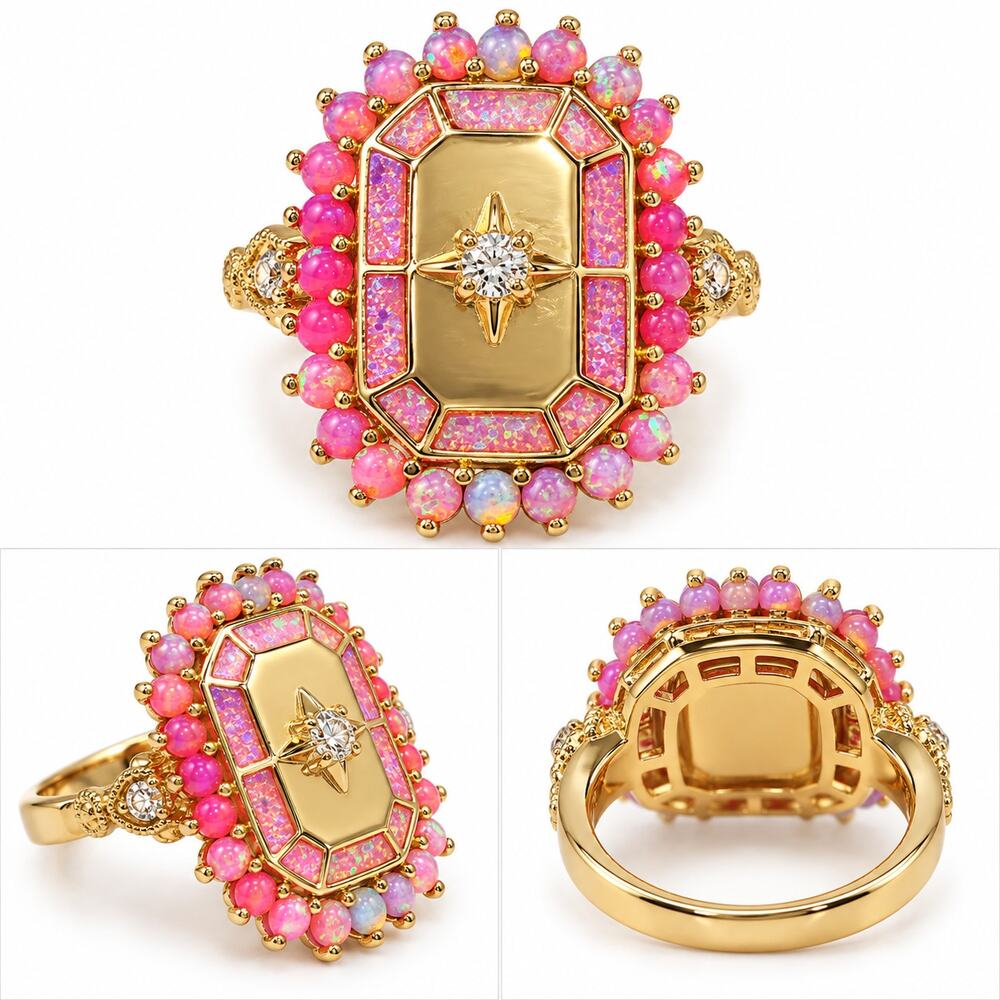 Bomb Party Girl Boss Society Ring Size 7 Pink Fire Opal Gold